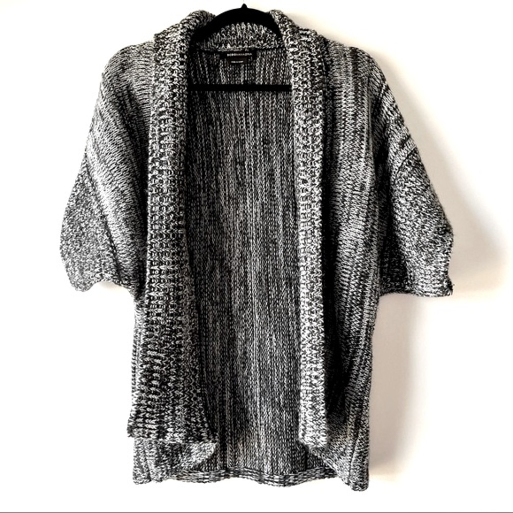 BCBGMaxAzria Black & White Short Sleeve Open Sweater Cardigan Large